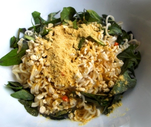 Instant noodles with sage-and-onion stuffing and dandelion