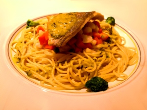 Day 20 Supper: Spaghetti with mixed vegetables, crispy sea bream and a basil/mustard/butter dressing