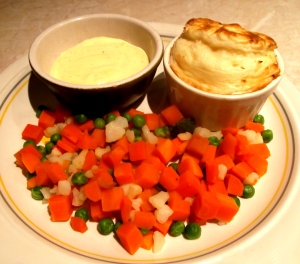 Day 22 supper: Potato soufflee, mixed veg and garlic mayonnaise
